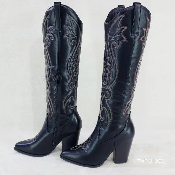Elegant Black Embroidered Heeled Boots - Picture 1 of 7